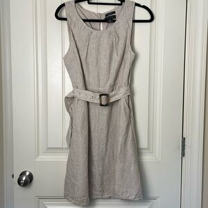 Tahari Belted Khaki Linen Dress, Size 4, Sleeveless Belted Summer Office Dress